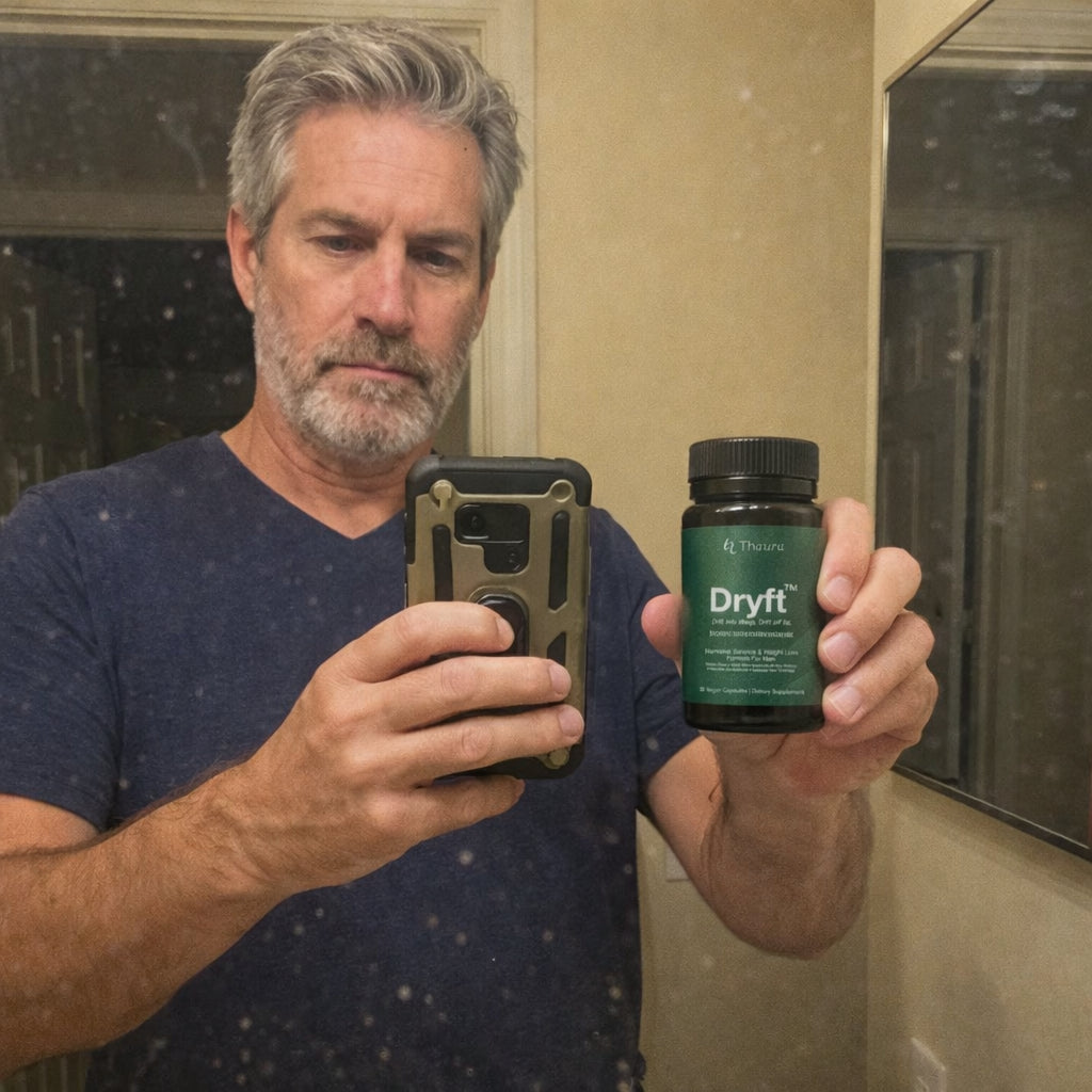 Gary holding the Dryft supplement bottle